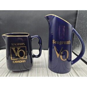 Lot of 2 Seagram's VO Canadian Whiskey Pitchers Cobalt Blue Gold Trim Vintage
